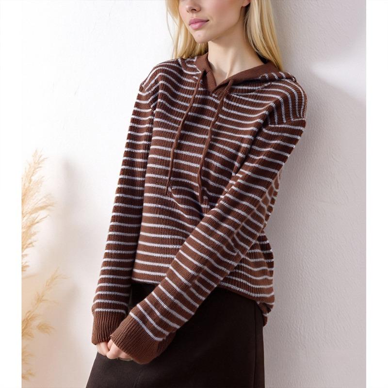 Hettegenser retrostripet pullover dame høst og vinter lat stil avslappet løs stor størrelse strikket genser