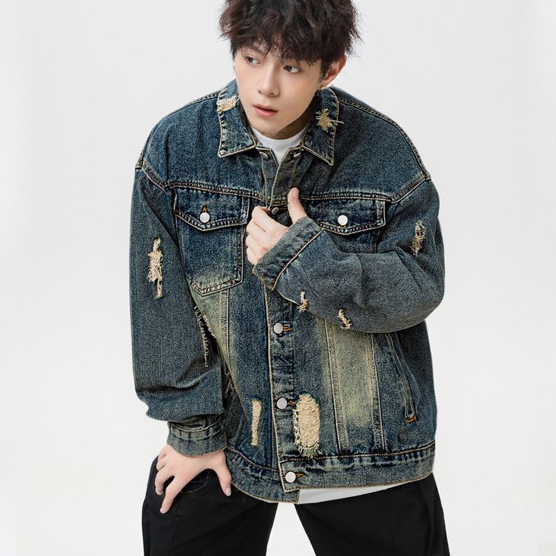 American Retro Yellow Mud-dyed Jacket for Men in Autumn New Casual Workwear Jacket Distressed Washed Denim Jacket