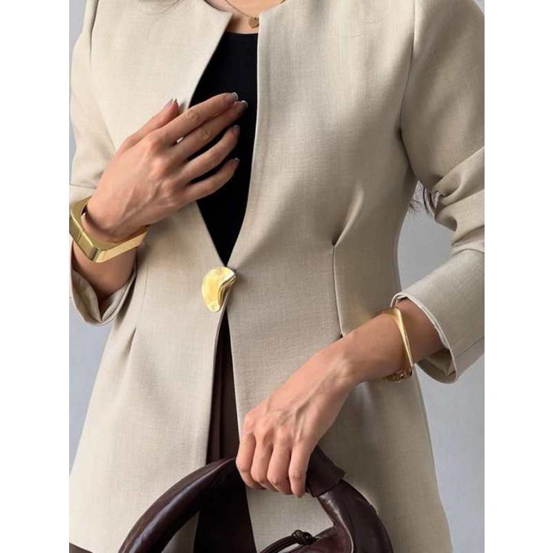 Women's Elegant Collarless Blazer Solid Color Single Button Office Casual Jacket