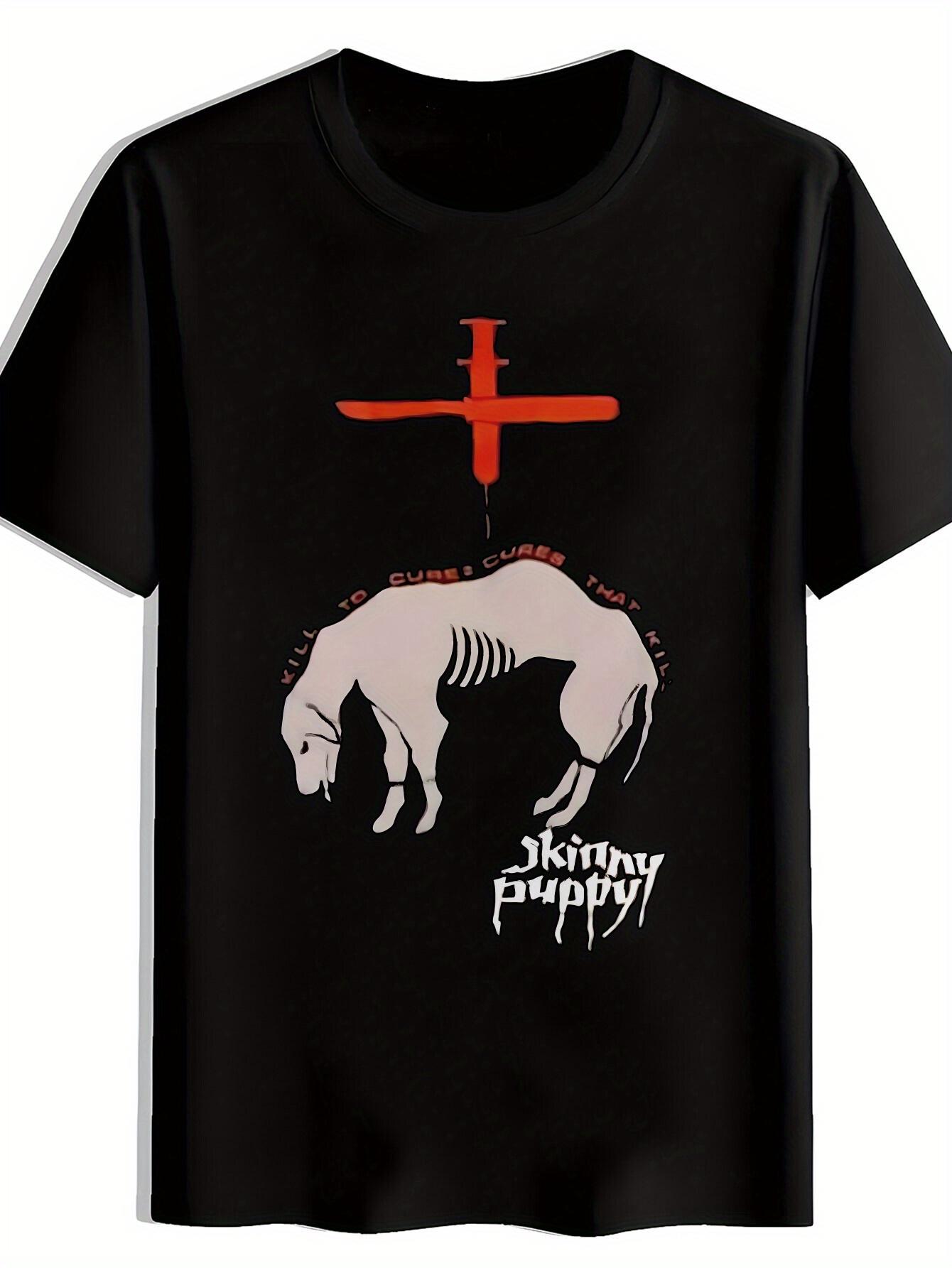 

Black T-shirt with Red Cross & White Dog Design - Skinny Puppy Text L