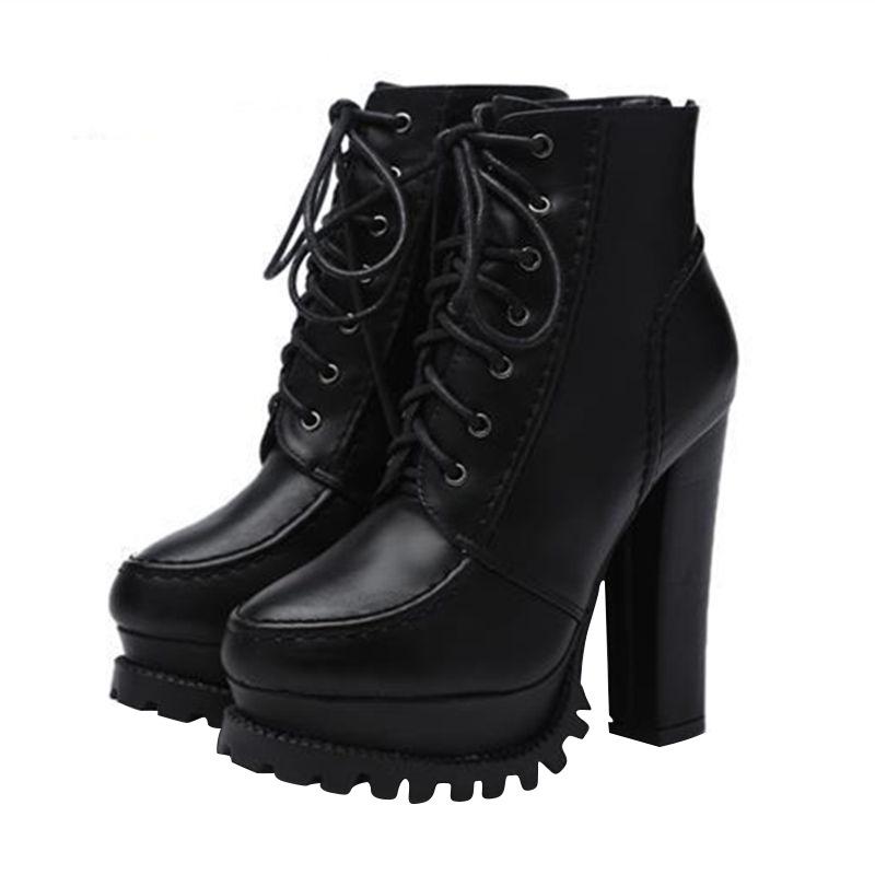 19-2 high heels thick heel short boots 10CM autumn and winter new waterproof platform thick-soled Martin boots front lace-up non-slip women's boots