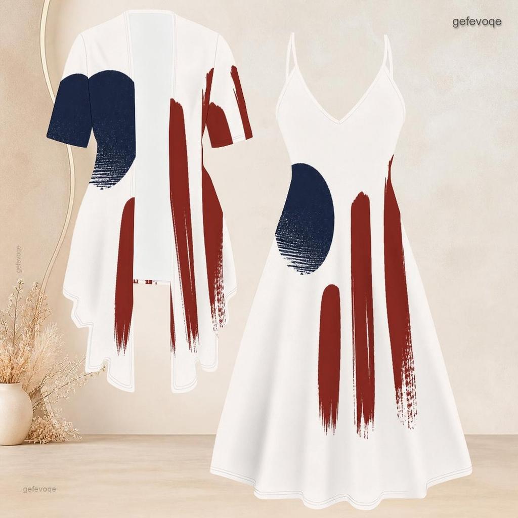 Women Plus Size American Flag Printed Two Piece Set V Neck Strappy Flared Dress Short Sleeve Cardigan