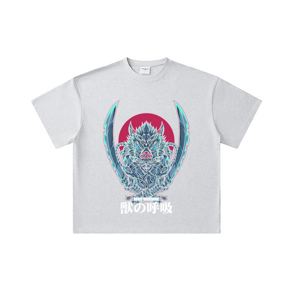 260 GSM Double Yarn 32 Count 100% Cotton Demon Slayer V29 Inosuke Print Unisex Heavy Cotton T Shirt