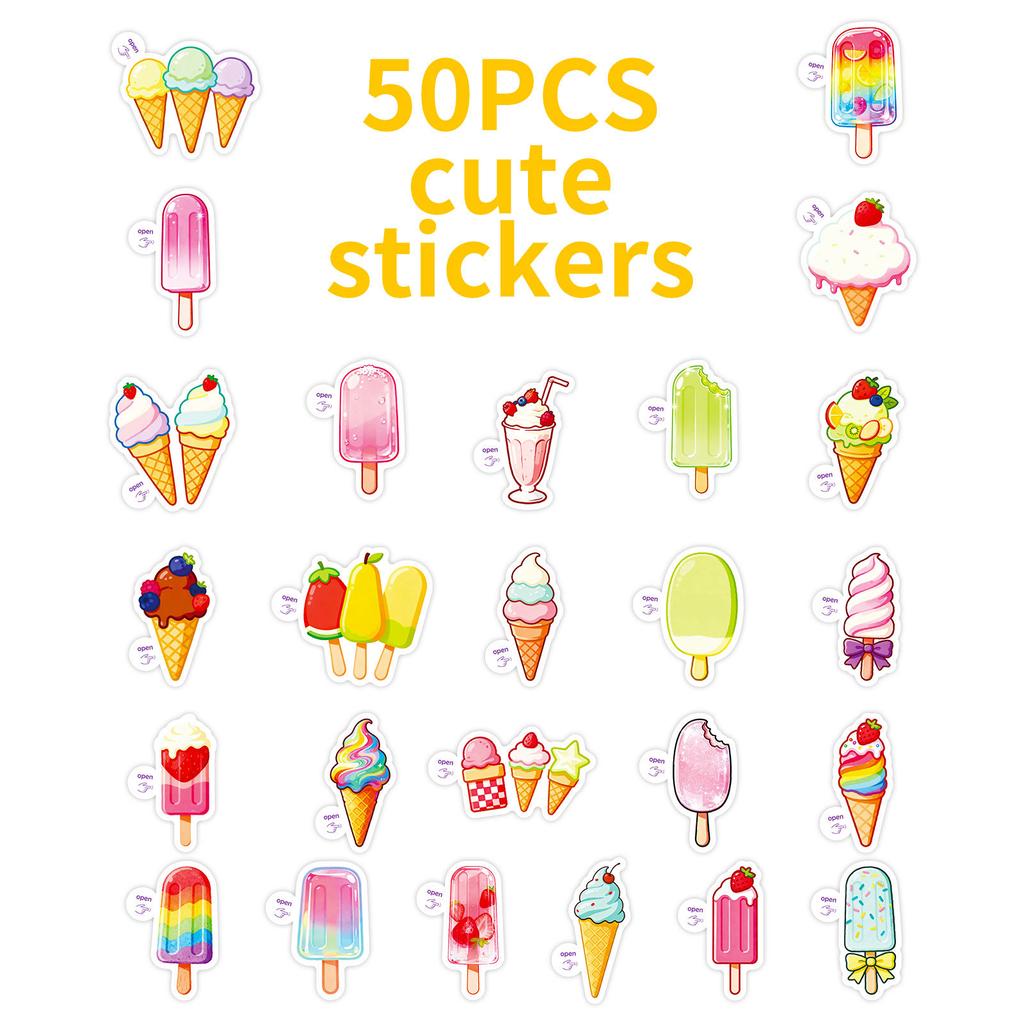 50 Macaron Cones Ice Cream Popsicles Cartoon Graffiti Stickers Easy Tear Small Handles Stickers Diary Decoration