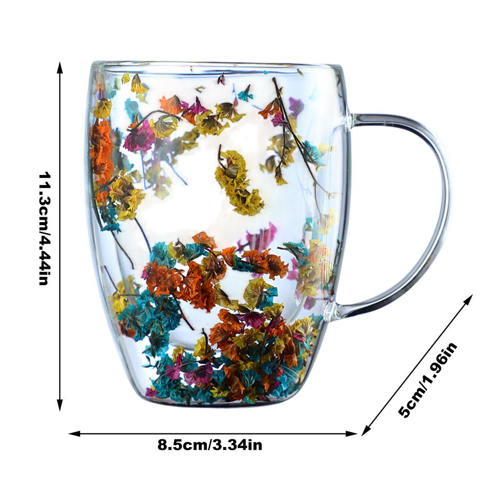

Double Walled Glass Coffee Mugs Ergonomic Handle Anti-Scald Dried Flowers Double-Layer Heat Insulation Glass Cup home supplies 350ml