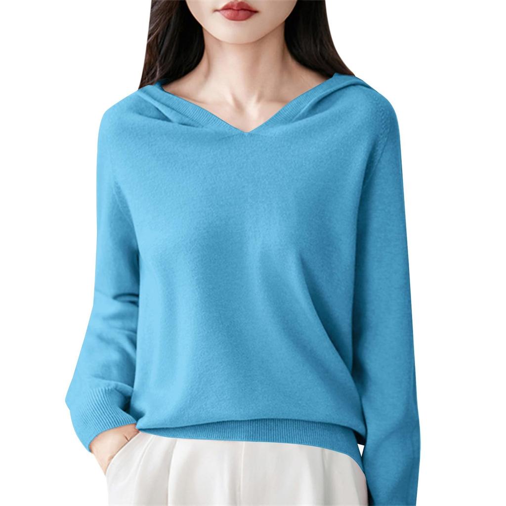 Women's Fashion Long-Sleeved -Colour V-Neck Hooded Knitted Sweater Warm Sweatshirt Knitwear
