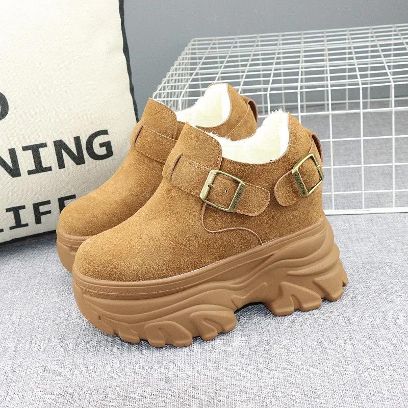 Increase 12CM Thick Soled Shoes Women's Winter New Cashmere Round Head Small 10cm Muffin Casual Women's Shoes Platform Boots