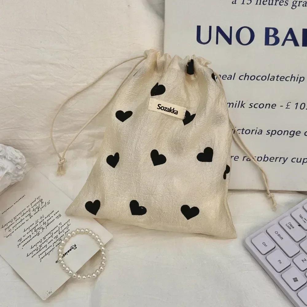 Champagne Love Drawstring Storage Bag Literary Style Polyester Vintage Drawstring Pocket Coin Purse Pull Rope Pouch case