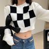 Autumn Sweater Women's Knitted Sweater Checkerboard Pattern Sweater Women's Half High Collar Long Sleeved Knitted Short Sweater