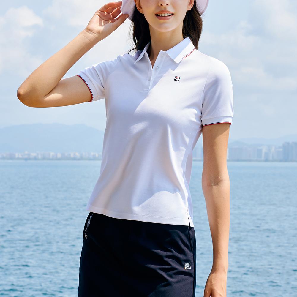Fila Heritage Series Solid Color Breathable Casual Knit Polo Shirt Women Tops White F11W421106F-WT