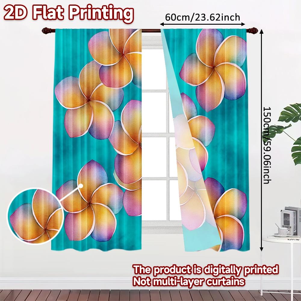 2D FLAT PRINTING 2pcs Curtains (Without Rod) Floral Pattern on Blue Background Holiday Easter Printed Curtains Prints Light