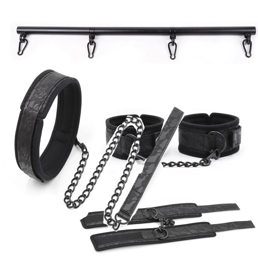 Adjustable Lace Neck Collar Handcuffs Ankle Cuffs Set  Slave Bondage Stainless Steel Open Leg Bar Sex Toys for Couples Woman