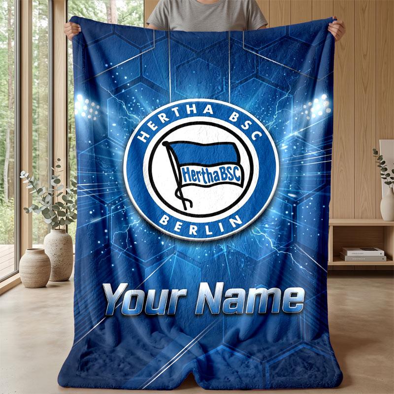 Hertha Bsc Custom Name Text Flannel Blanket Soccer Logo Personalized Fleece Throw Blanket Special Gift For Sofa Bedroom Home