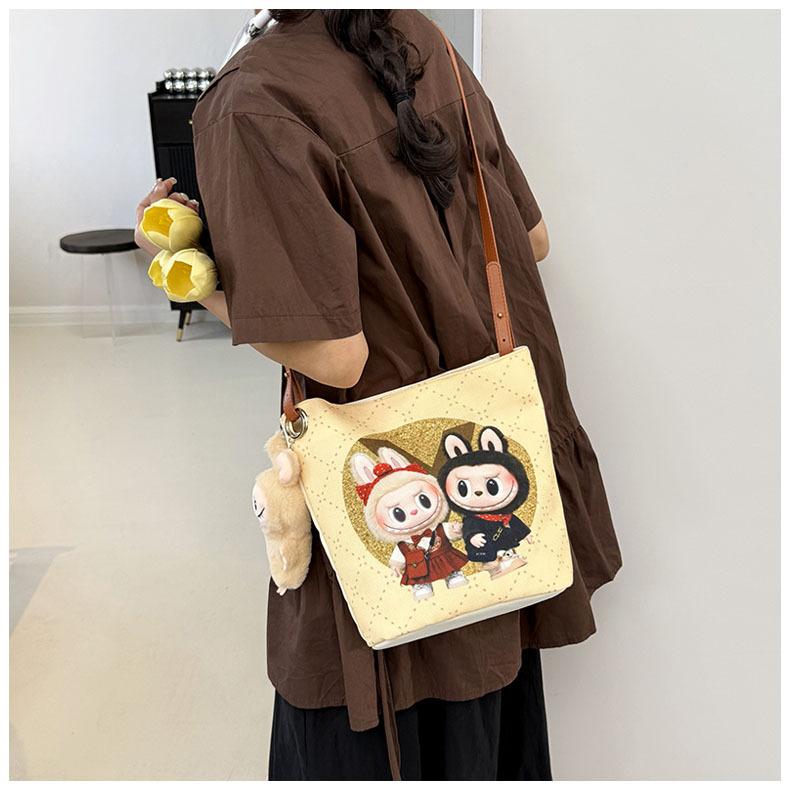 Korean Cartoon Labubu Crossbody Canvas Women's Bag Large Capacity Student Commuting To Class Embroidered Shoulder Bag Bucket Bag