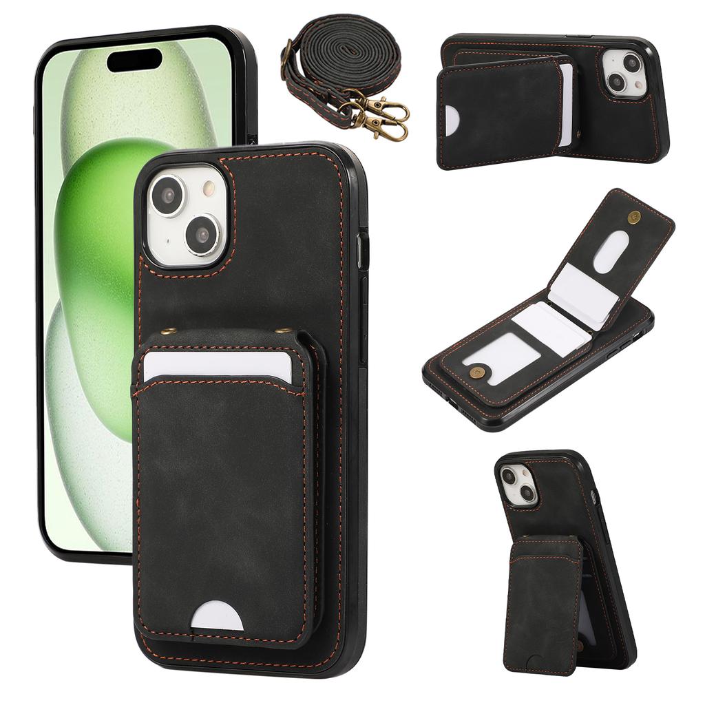 For iPhone 15 Case Card Holder Kickstand Leather+TPU Phone Cover with Shoulder Strap