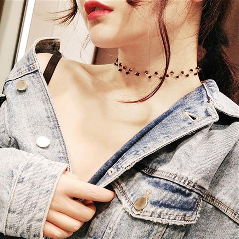 2024 New Arrivals Hot Fashion Black Crystal Necklace Kolye Collier Simple Cross Strand Beaded Chokers Necklaces Women Jewelry