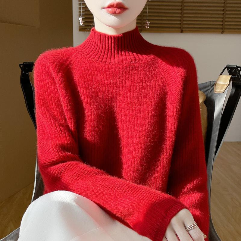 Autumn/Winter Women's High-Neck Wool Ribbed Knit Pullover