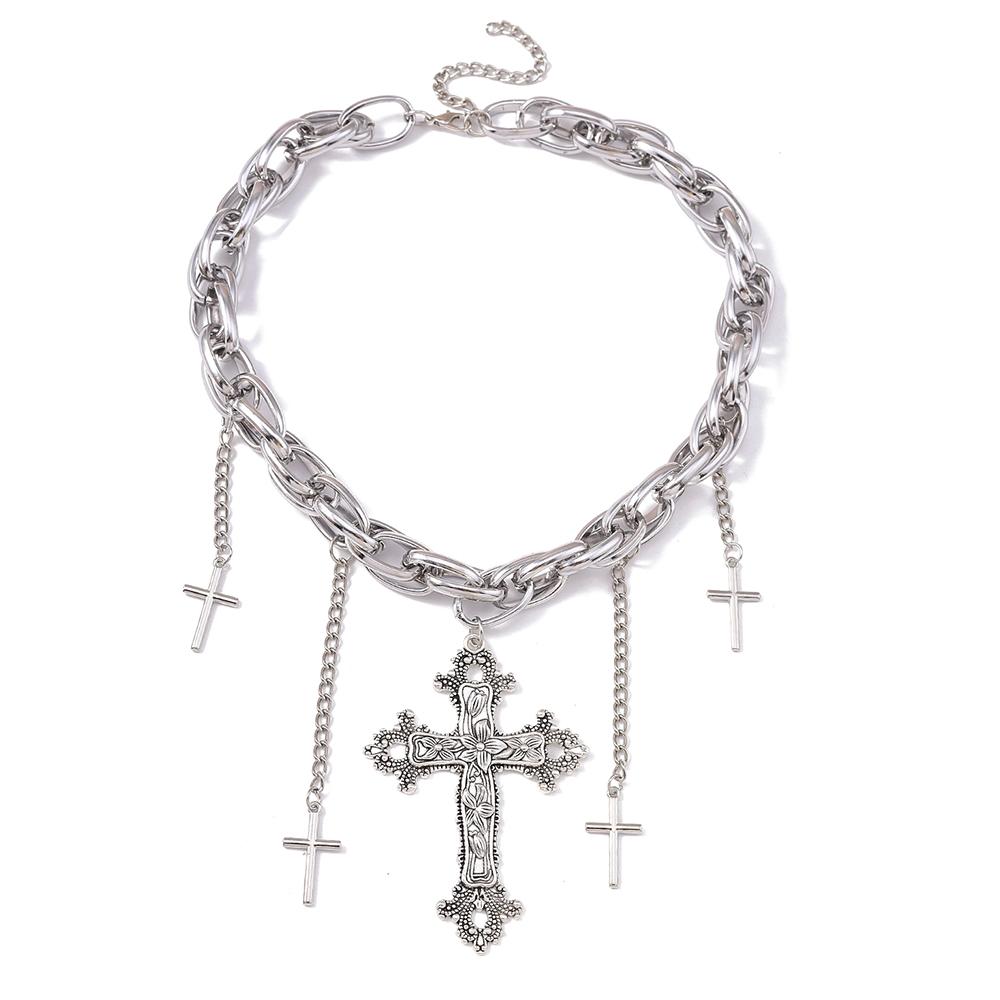 Cool Silver Color Cross Pendant Necklaces for Women Men Steampunk Choker Necklace Chain Streetwear Jewelry Gifts