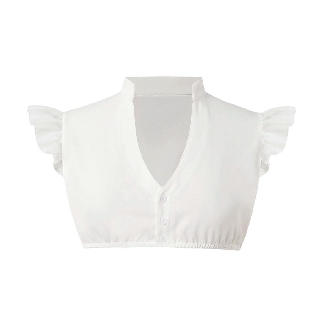 Women Short Sleeve Cropped Blouse with Ruffle Sleeves V Neck Button Front Bavarian Style Shirt for Festivals and Events