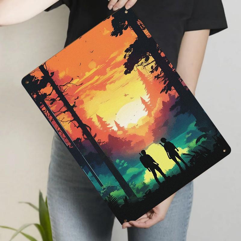 

Sunset Forest Adventure Silhouette Metal Wall Art Home Decor for Living Room Bedroom Modern Minimalist Mural 20x30cm（7.8x11.8inch）