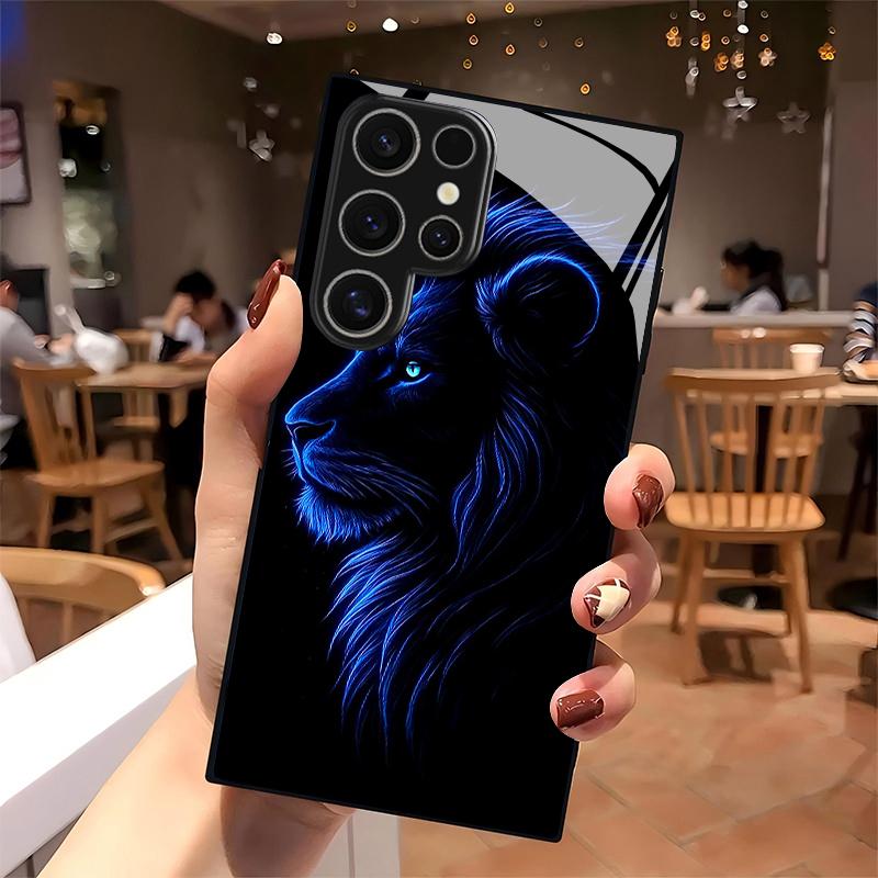 Blue Light Lion Pattern 2D Phone Case for Samsung S26 S25 S24 S23 S22 S21 S20 A56 A36 A16 - Glass Protective Cover