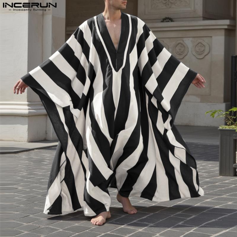 INCERUN Men V Neck Batwing Sleeve Striped Print Irregular Casual Loose Long Dress Robes