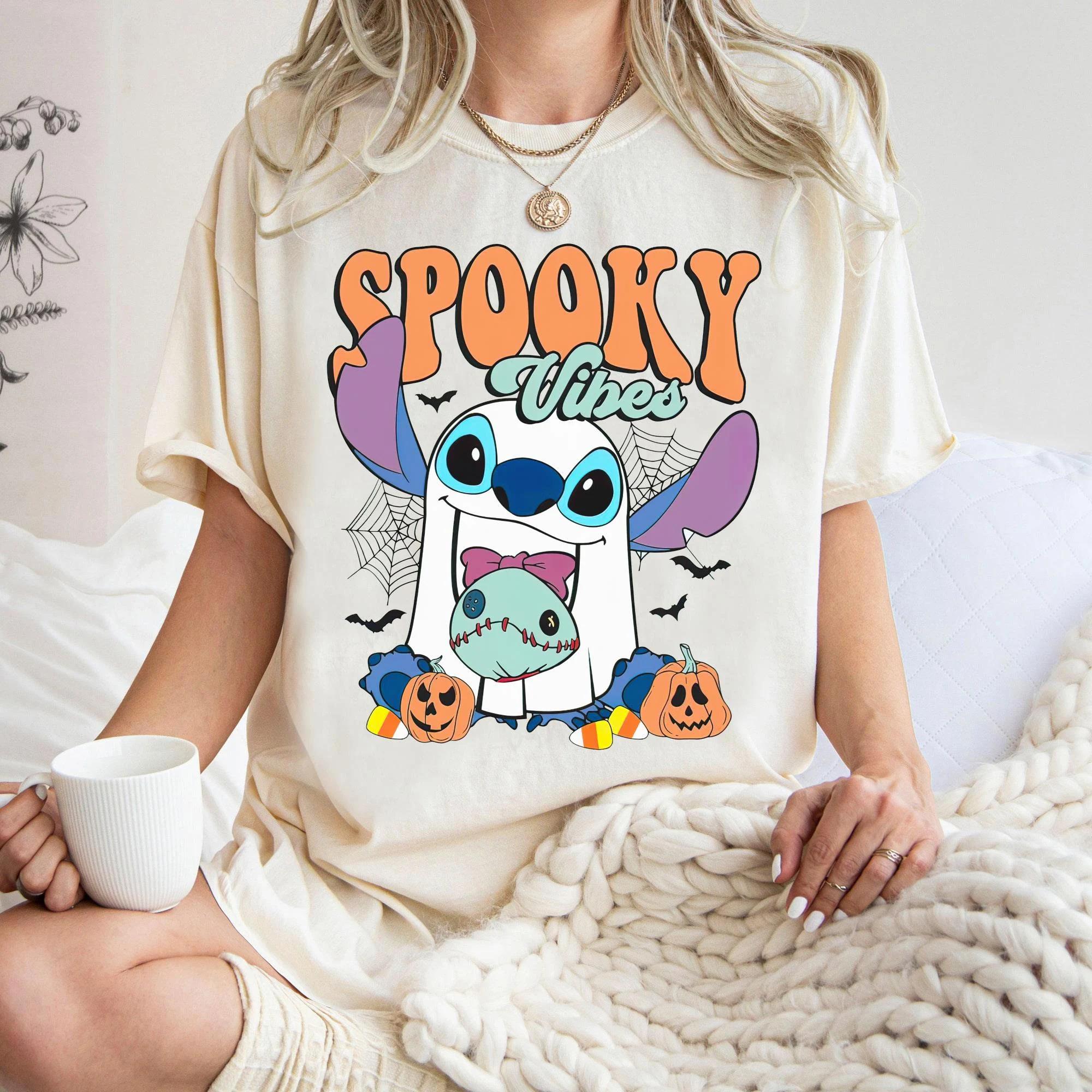 Lilo and Stitch Halloween Shirt Stitch Boo Ghost with Scrump Spooky Vibes Tshirt Halloween Party Spooky Season S