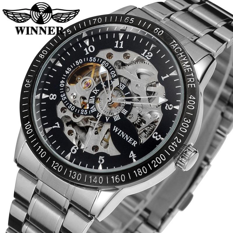 Herren Stahlarmband Modeuhr Winner Mechanische Uhr, Blaues Glas Skelett Automatische Mechanische Uhr