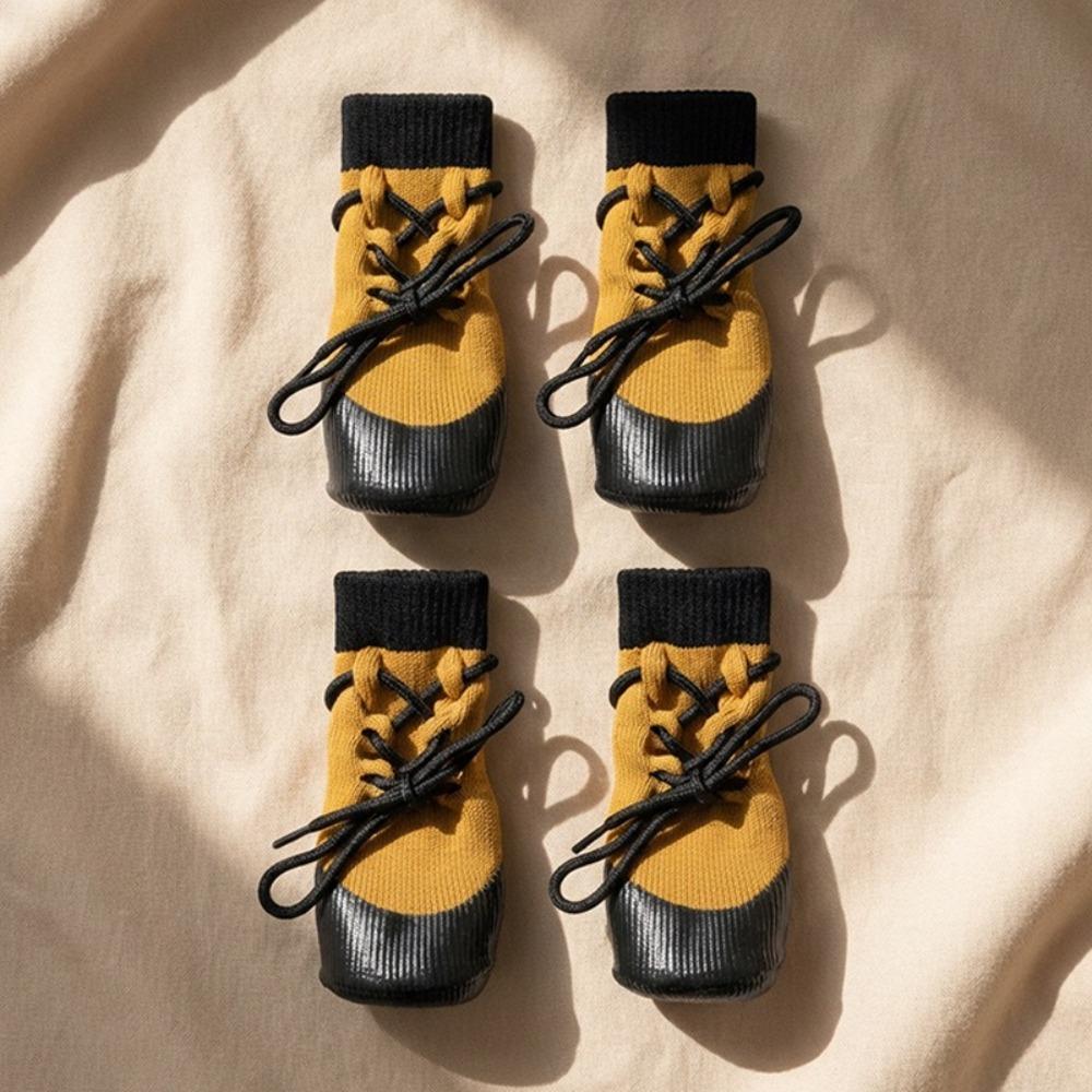 4PCS Non-slip Knitted Dog Shoes Waterproof Adjustable Straps Elastic Dog Booties Wear Resistant Breathable Lace-up Dog Socks