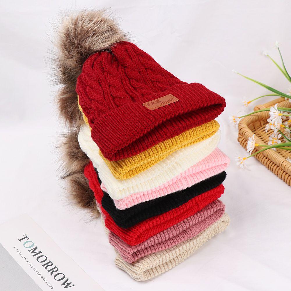 Kids Winter Warm Fur Pom Bobble Toddler Beanie Knitted Hat Baby Cap Hemming Hat