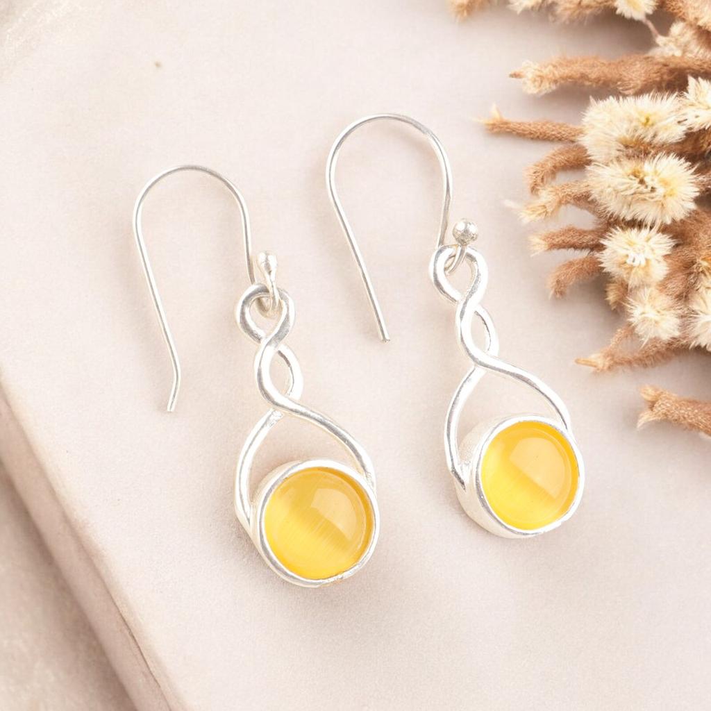 Round Shape Yellow Cat's Eye Gemstone 925 Stamped Silver Handmade Earrings 1.68" CE-15-41
