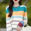 Pure Cotton Rainbow Jacquard Round Neck Sweater for Women In Autumn and Winter Fashion Versatile Base Shirt Sweat-absorbing Long-sleeved Top