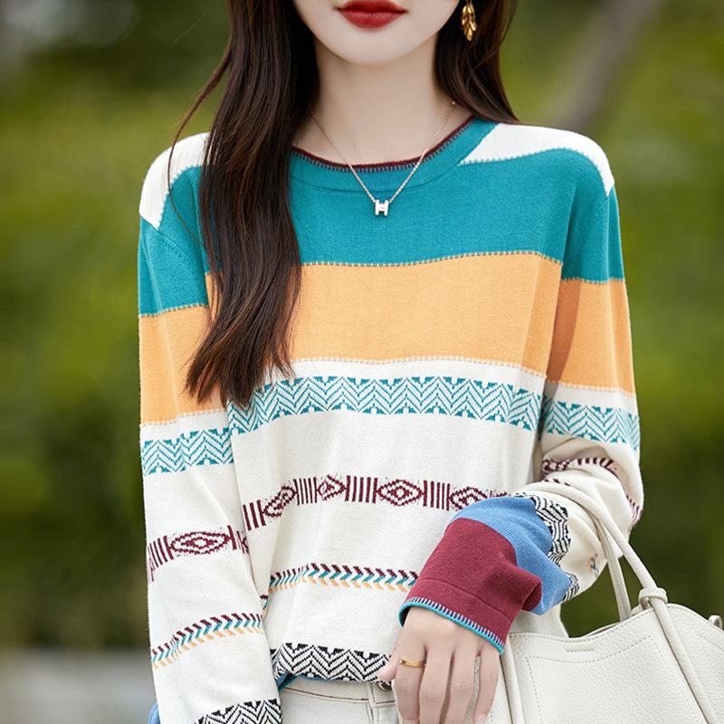 Pure Cotton Rainbow Jacquard Round Neck Sweater for Women In Autumn and Winter Fashion Versatile Base Shirt Sweat-absorbing Long-sleeved Top