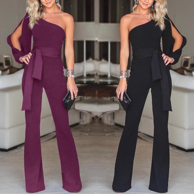 Waist Women Tied Flared Jumpsuits Fashion One Shoulder Sexy Rompers Jumpsuits