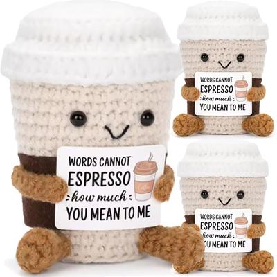 Funny Positive Coffee Emotional Cute Crochet Handmade Knitting Dolls with Positive Cards Cheer Up Christams Gift Decor Ornaments
