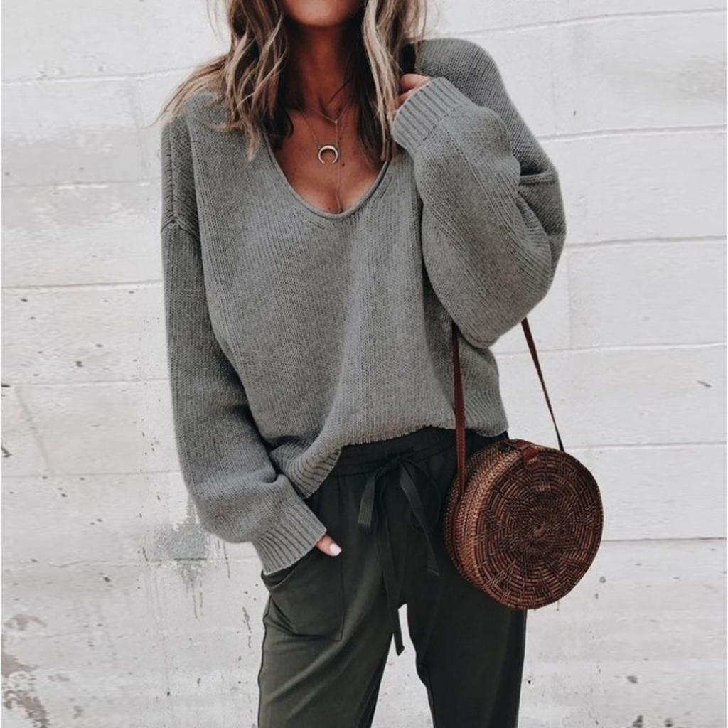 Ladies, Sweater, V-neck, Long Sleeved, Loose Fitting, Knitted Sweater, Base Coat, Top Coat