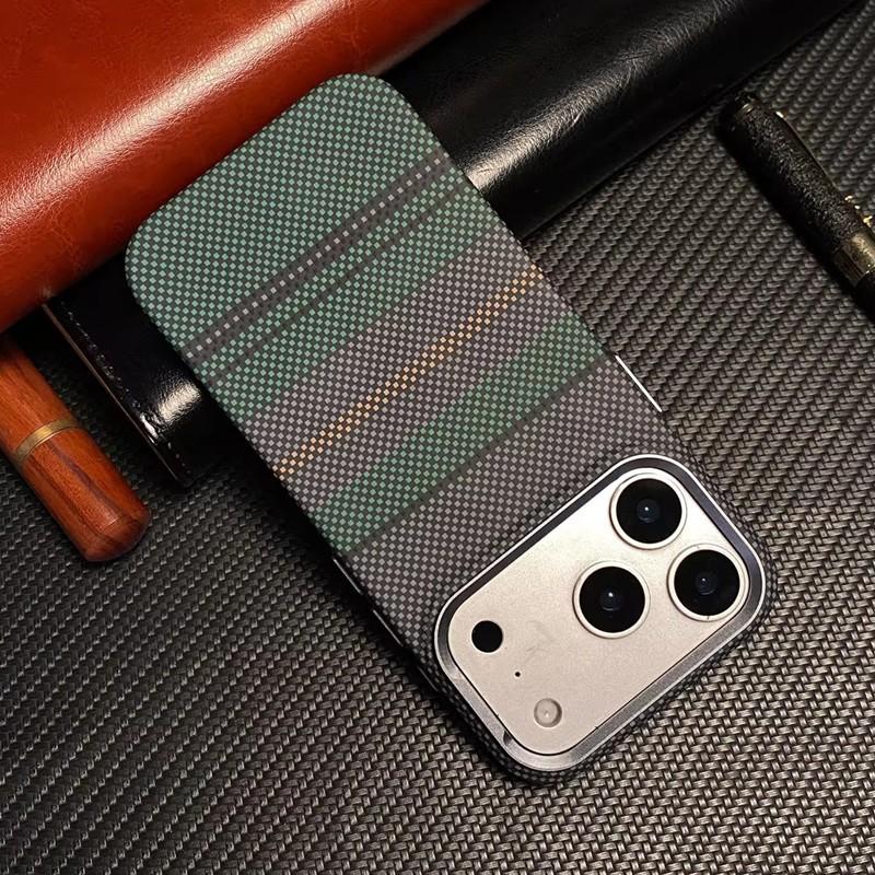 Orange Carbon Fiber Leather Strong Magnetic Case For iPhone 14 15 16 17 Pro Max Air Metal Buttons Camera Protection Hard Cover
