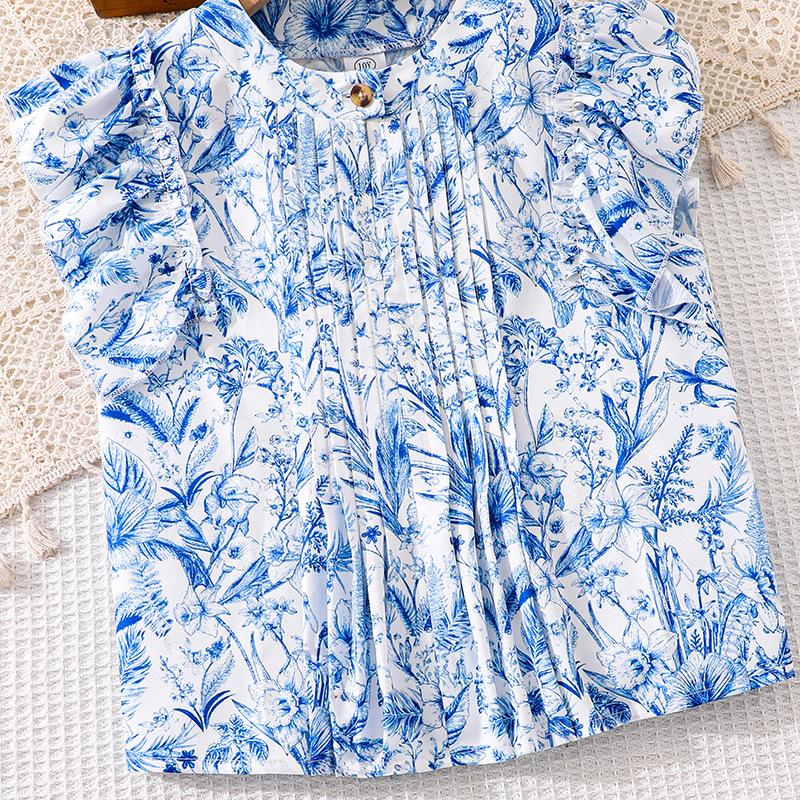 Girls' Fashionable Blue Outfit - Summer Children's Sweet Floral Top and Skirt Set