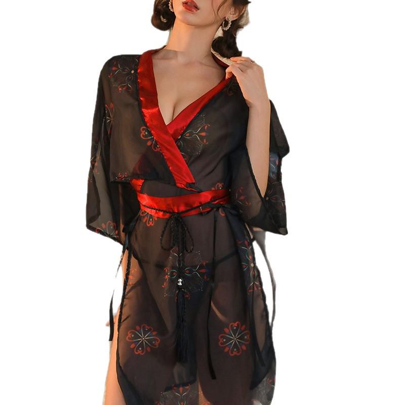 Erotic Black Japanese Kimono Lingerie Set