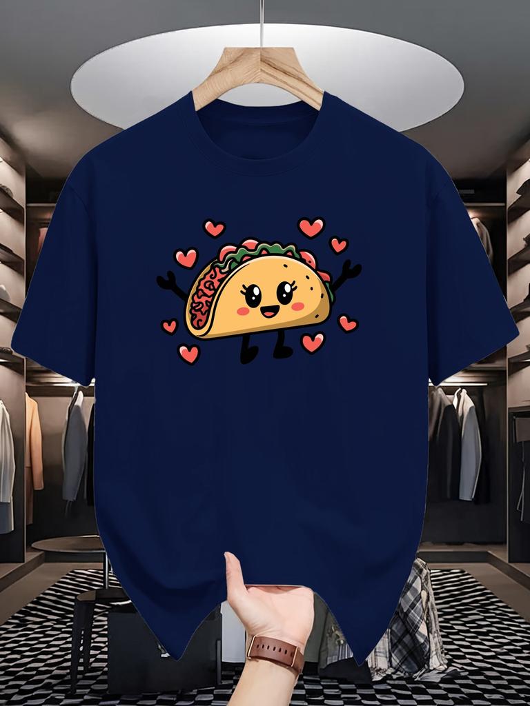 Unisexs Crew Neck T Shirt Cute Cartoon Taco With Hearts Graphic Short Sleeve Casual Cotton Mexican Food Lover Streetwear Tees