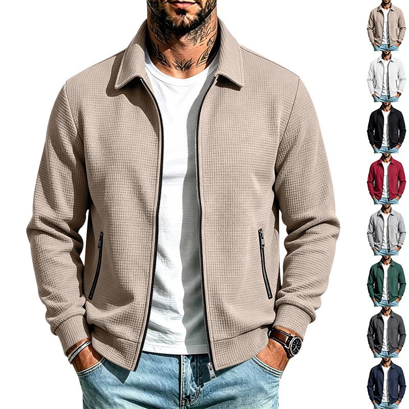 Men's Waffle Knit Full Zip Jacket Lapel Collar Long Sleeve Casual Lightweight Coat with Zipper Pockets for Spring and Fall Daily Wear