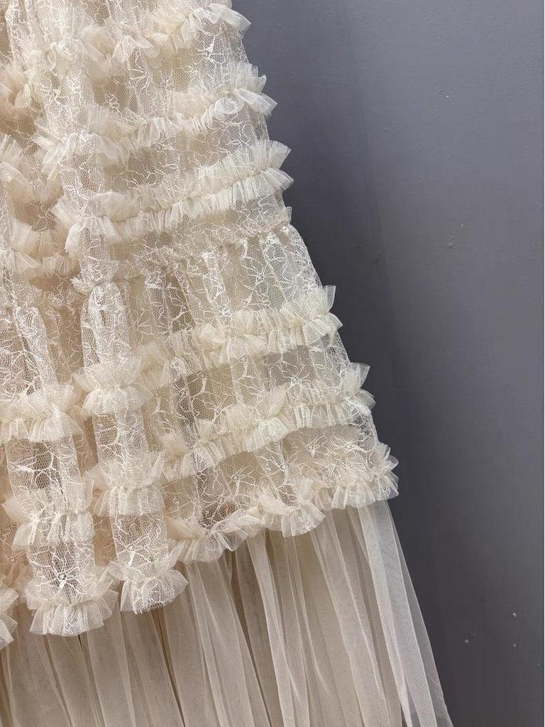 Spring 2026 Women's Irregular Layered Mesh Skirt: Long, Slimming Gauze Design, Heavy Work Detail.