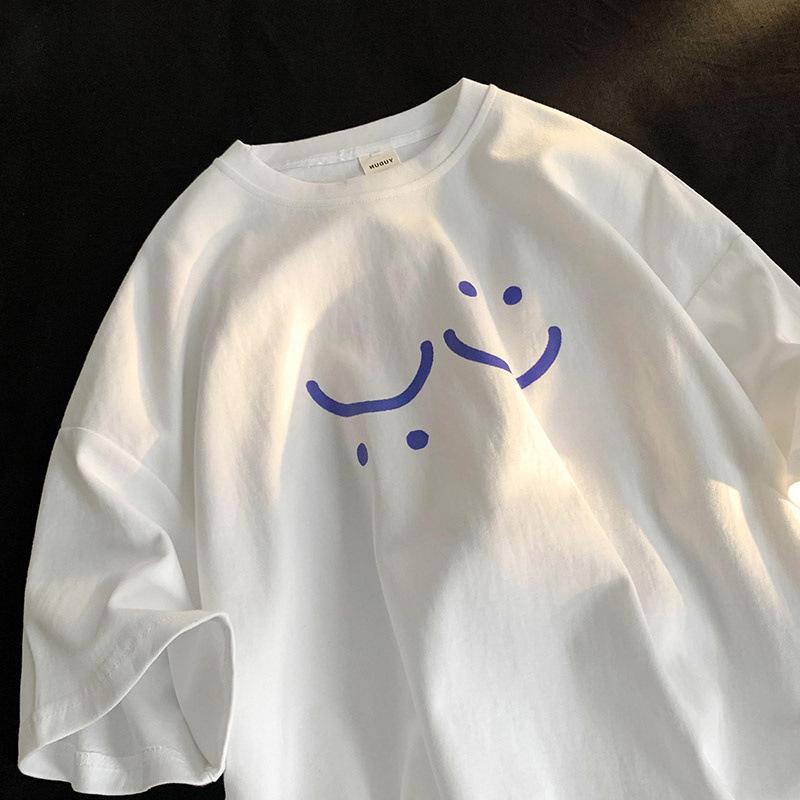 

Корейская женская летняя футболка большого размера со смайликом - Модная хлопковая футболка с коротким рукавом, Повседневная мода для пар XL (115-130 lbs recommended)