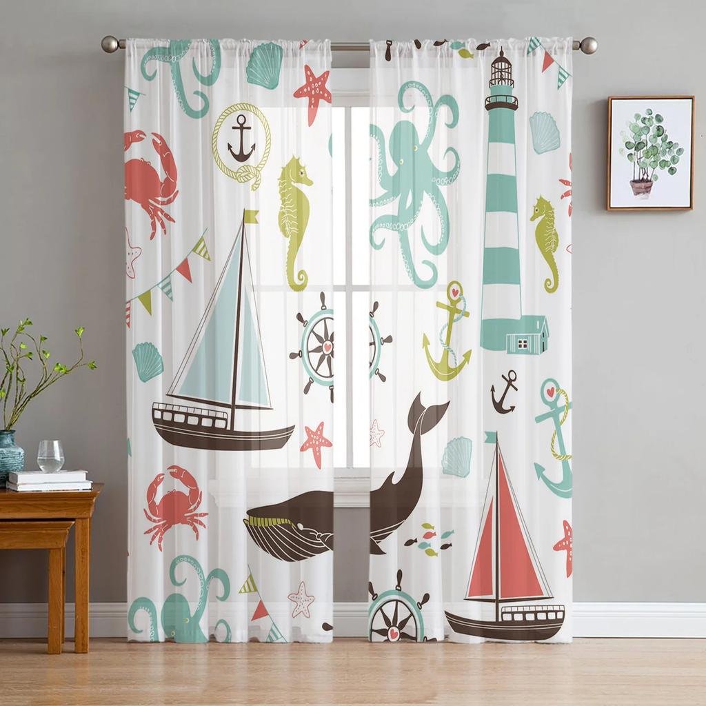 Sheer Watercolour Lighthouse Big Surf Seabird Curtains Living Room Bedroom Decoration Window Voiles Morning Tulle Curtain Polyester Washable Great