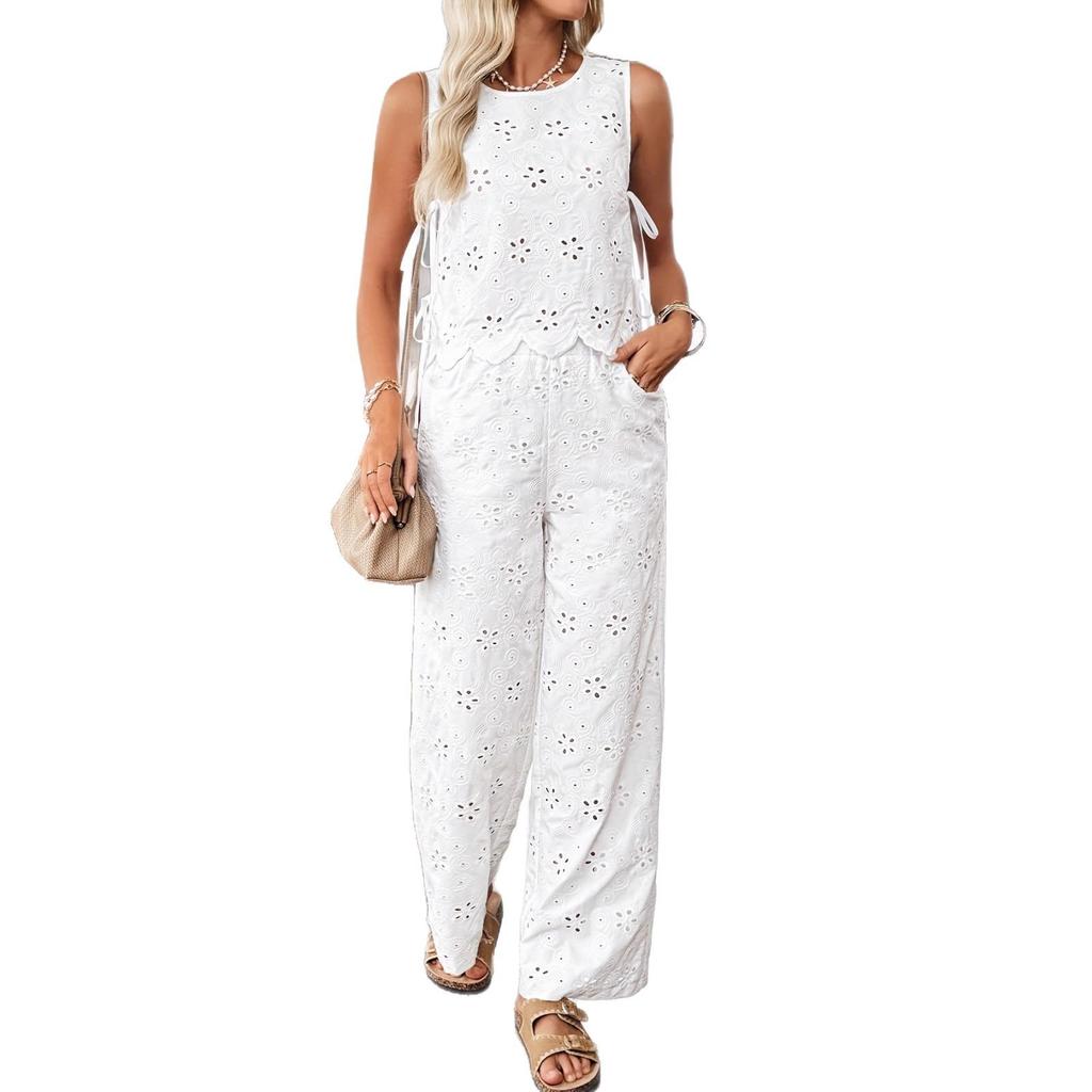Conjunto de Top de Encaje Calado sin Mangas para Mujer y Pantalones de Pierna Ancha de Color Sólido Conjunto Casual de Verano