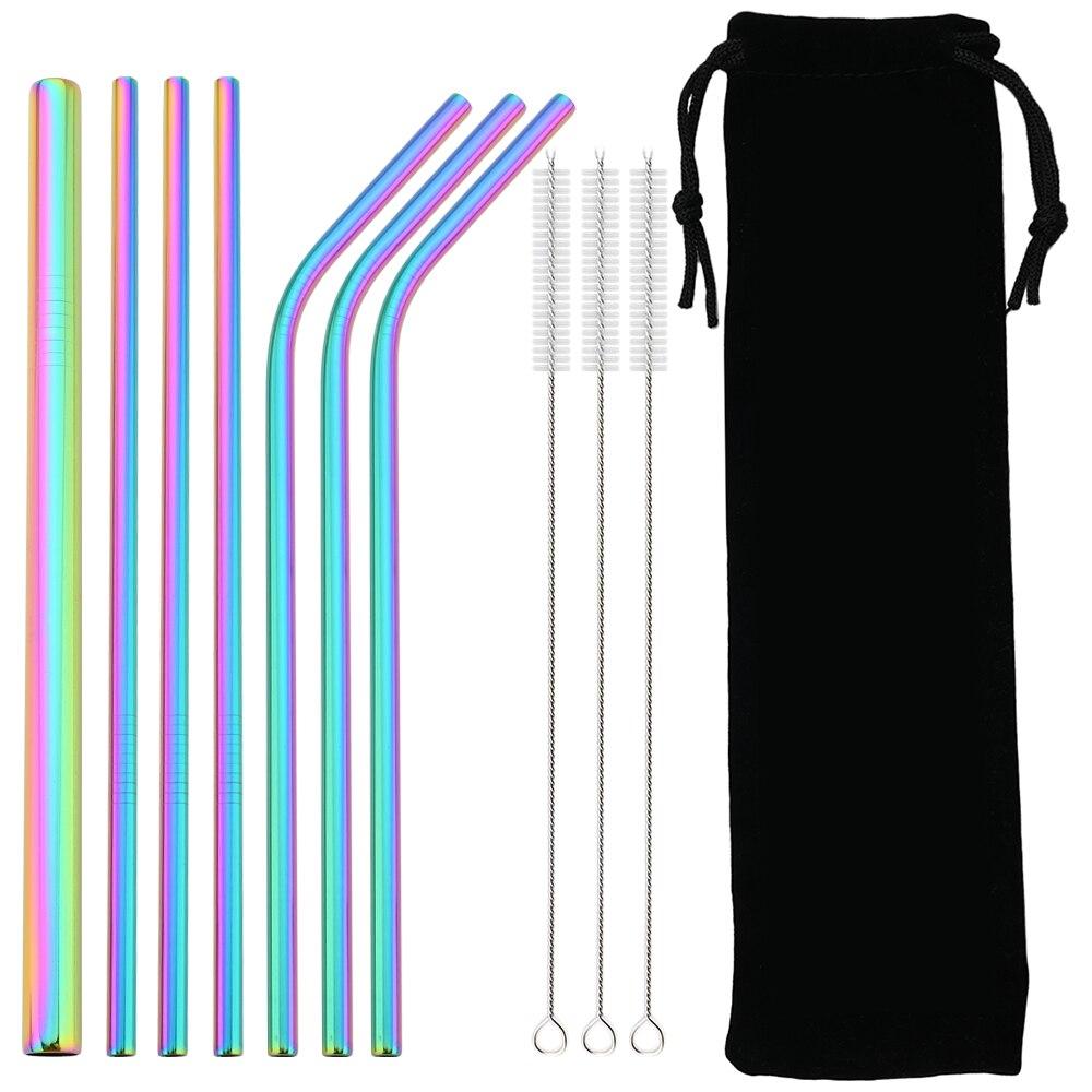 Colorful Reusable Straw Set Metal 304 Stainless Steel Straw Straight Bent Drinking Straw With Case Cleaning Brush Bar Accessory