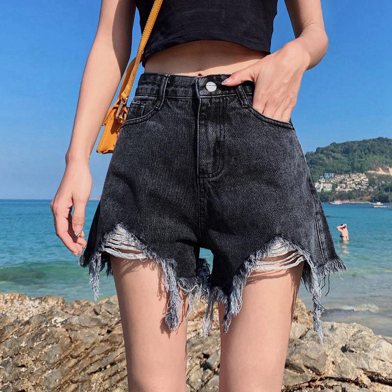 Women's Summer 2022 Ripped A-line Denim Shorts - Loose Fit, Raw Edge, Trendy Hot Girl Style