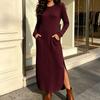 Women's Knit Long Sleeve Dress Neck Color Long Length Casual Dress