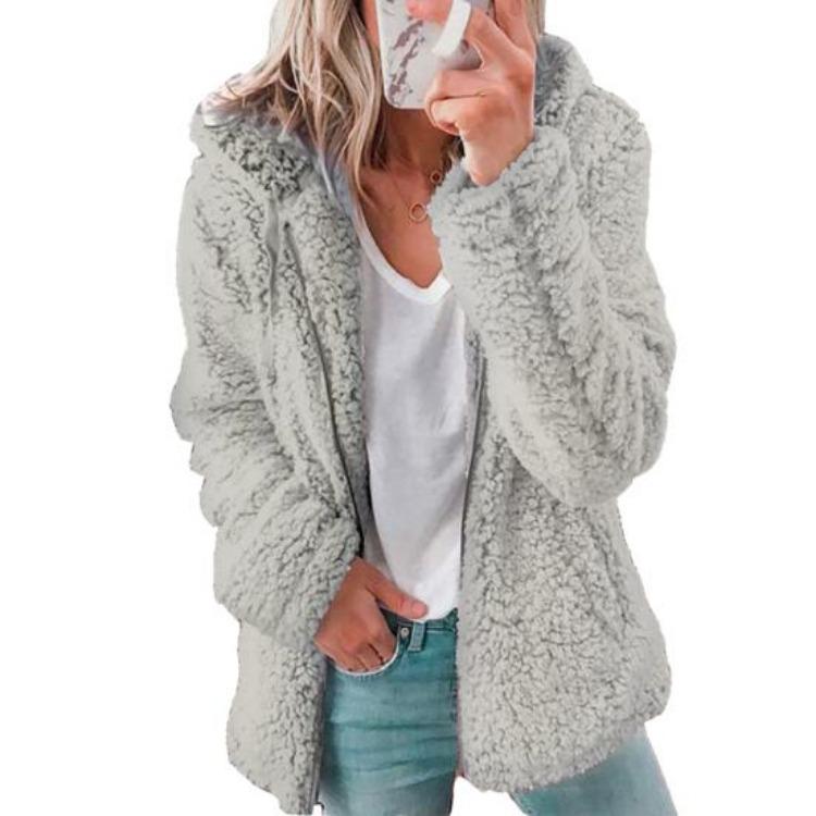 Giacca Calda Invernale da Donna in Pile Sherpa con Cappuccio Antivento Cappotto Peluche Cardigan Casual con Zip Monocolore Autunno Inverno Giacca Corta