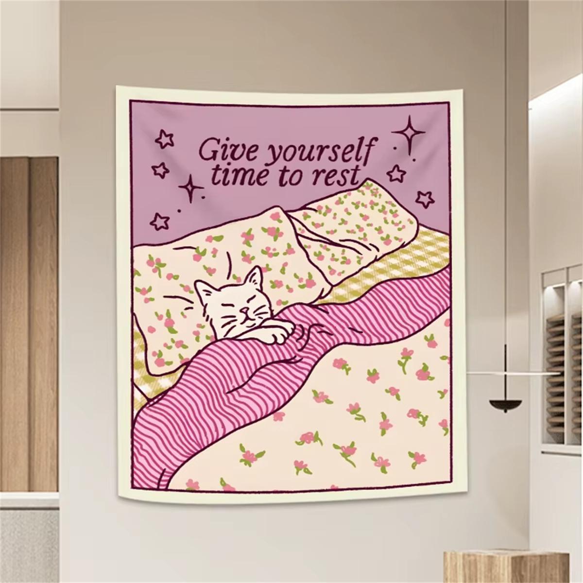 

VIKAMA White Cat Healing Tapestry with Pink Purple Starry Sky Design for Bedroom Living Room Resting Corner Decor 74x94cm(29x37in)